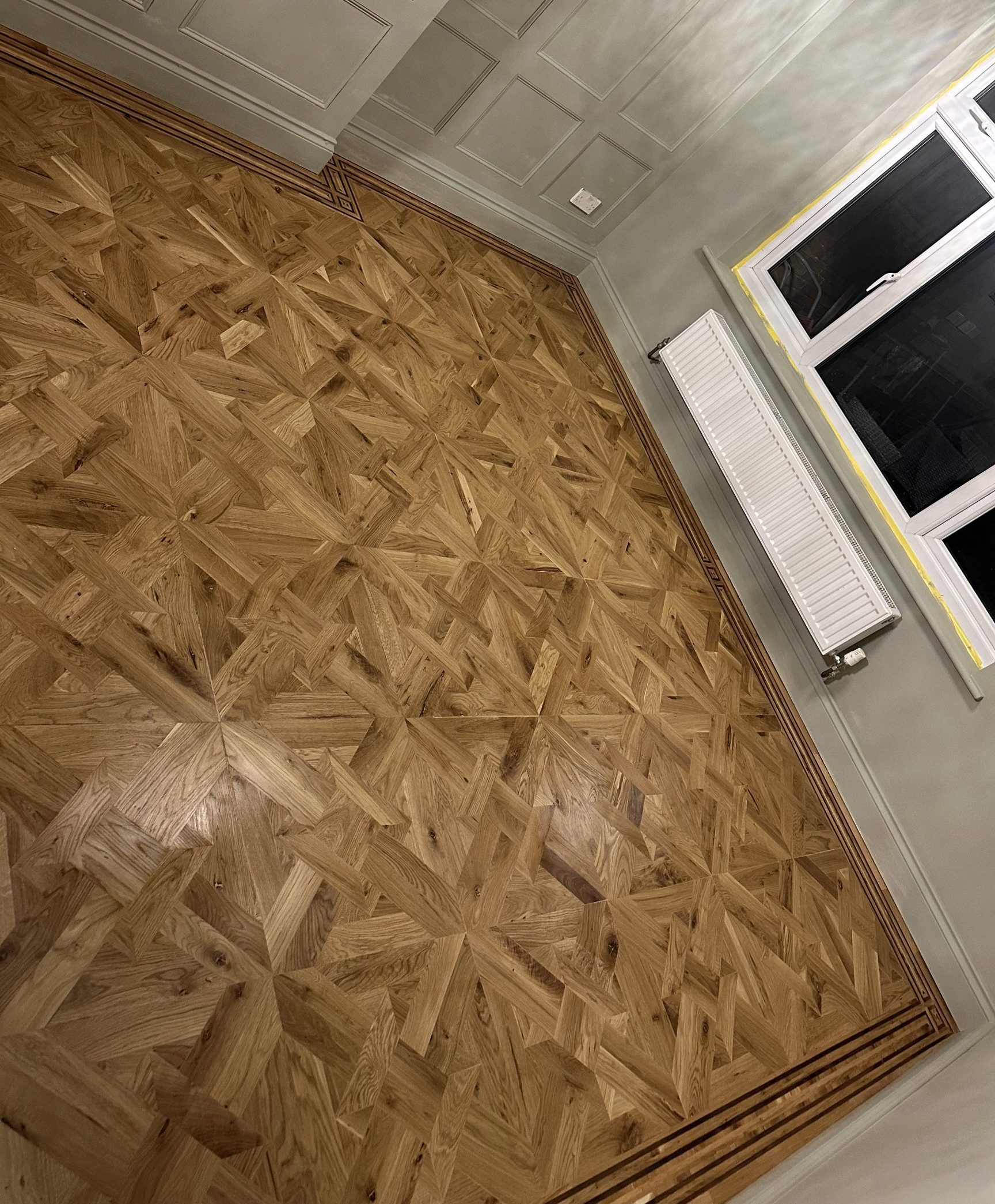 Finished Handmade Geometric Parquet Floor Finished handmade geometric parquet floor made from reclaimed oak