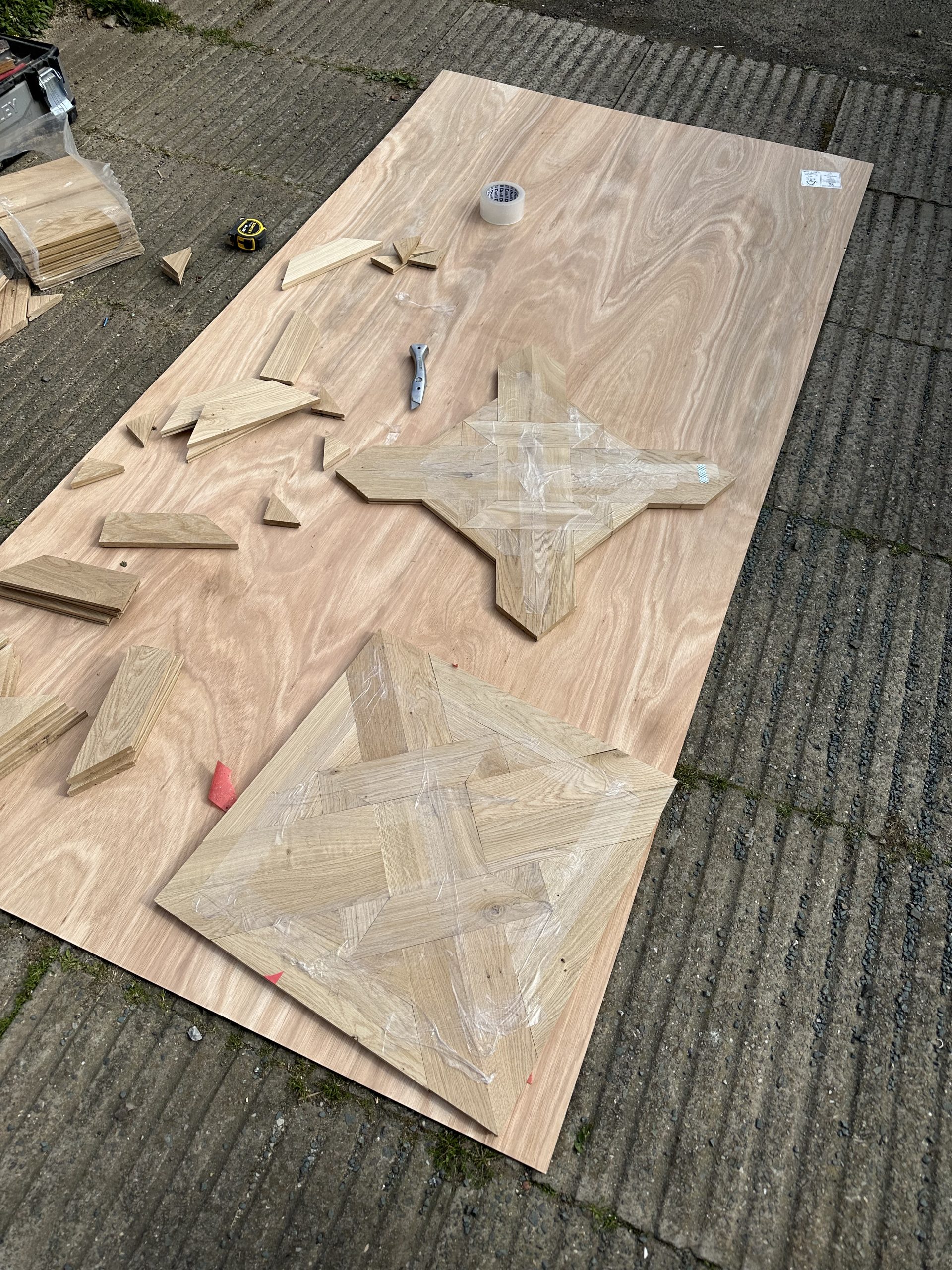 Handmade Geometric Parquet Pattern Development Handmade oak pieces assembled to test a bespoke geometric parquet pattern