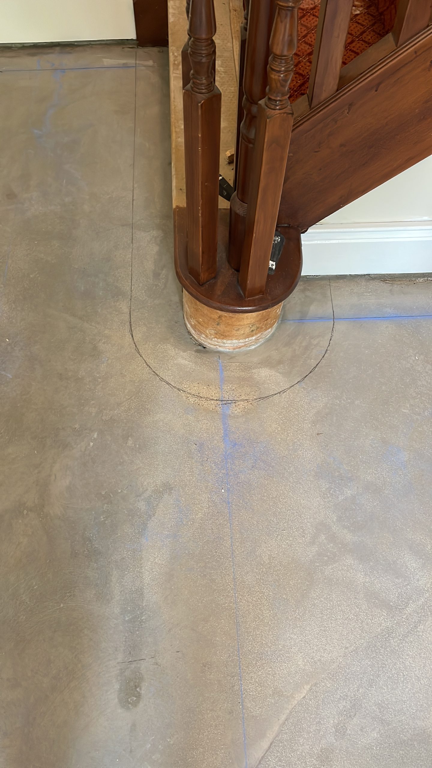 Curved flooring border marked out around an existing staircase in Shotley Bridge