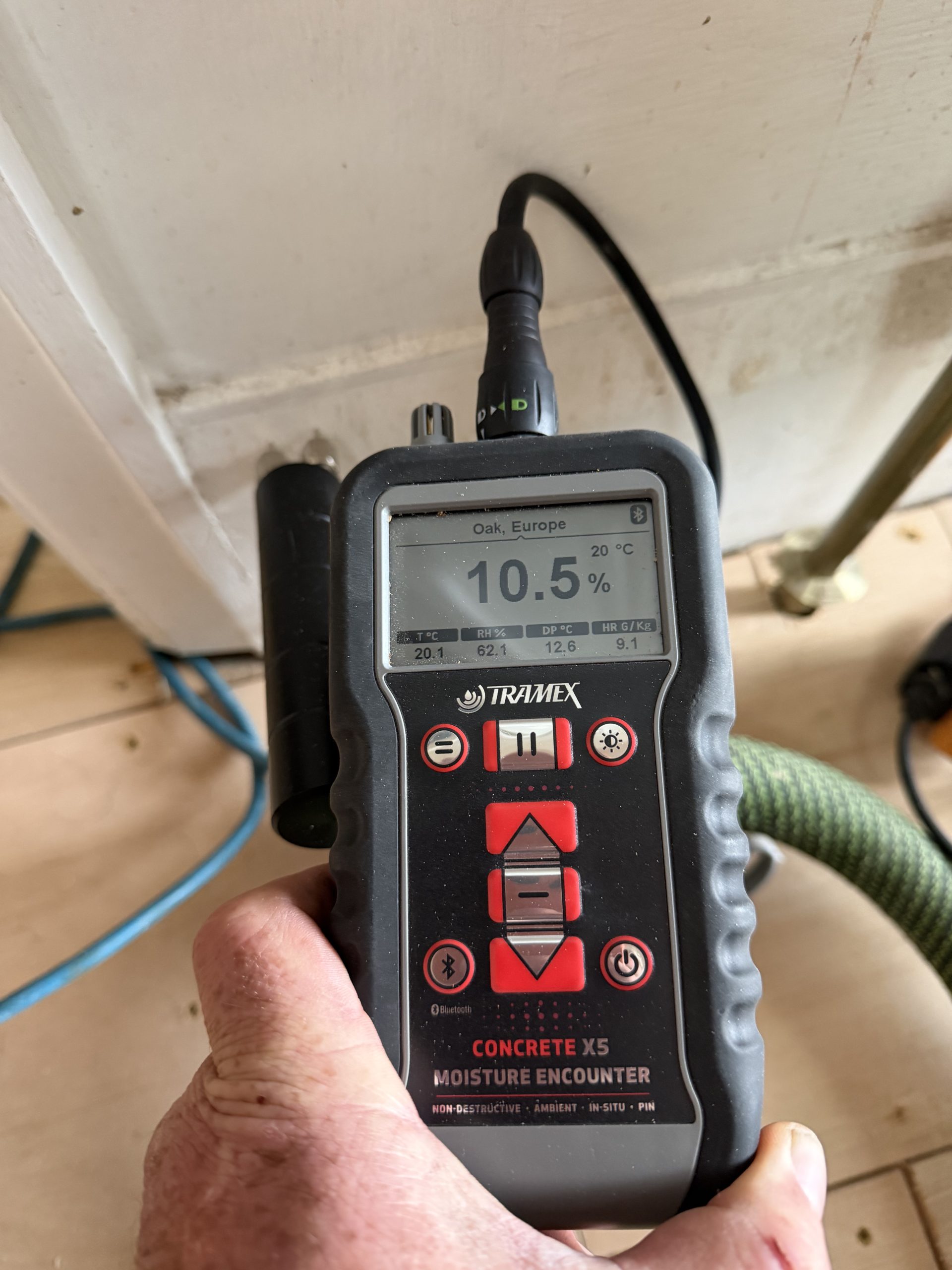 Existing Timber Moisture Check – Tynemouth Moisture reading taken from existing timber within a Tynemouth home before solid oak flooring installation
