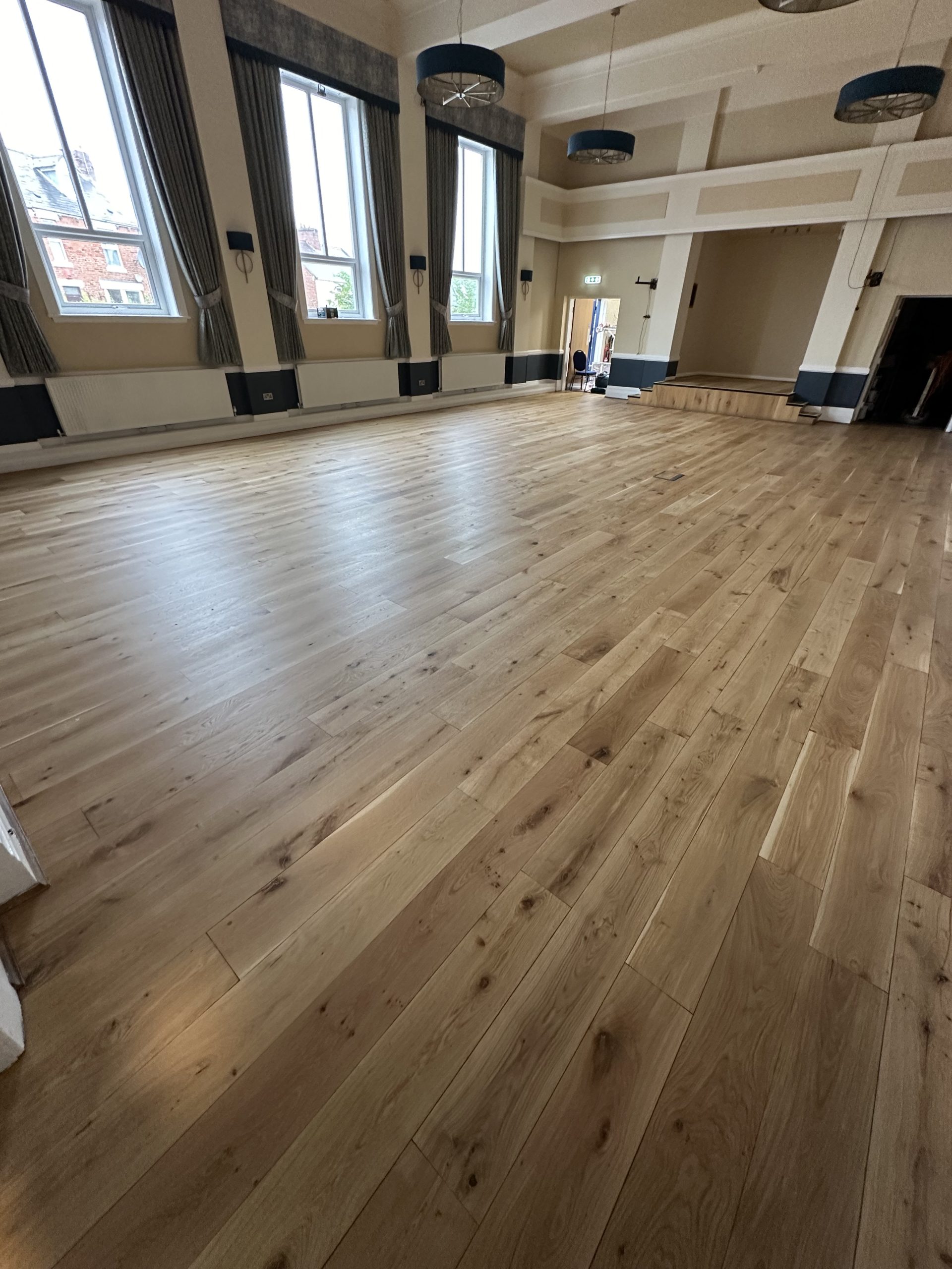Restored oak flooring throughout a large Masonic hall in Chester-le-Street