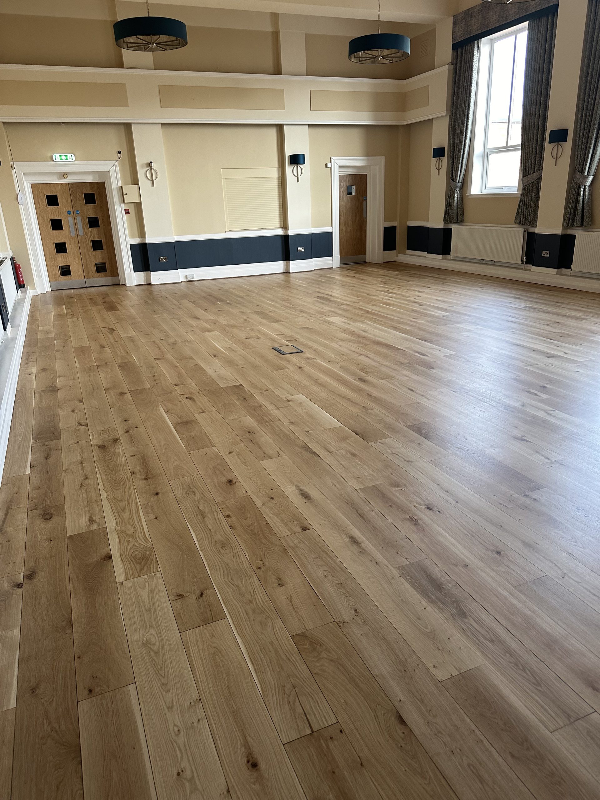 Professionally sanded and refinished oak flooring in a Masonic hall in Chester-le-Street