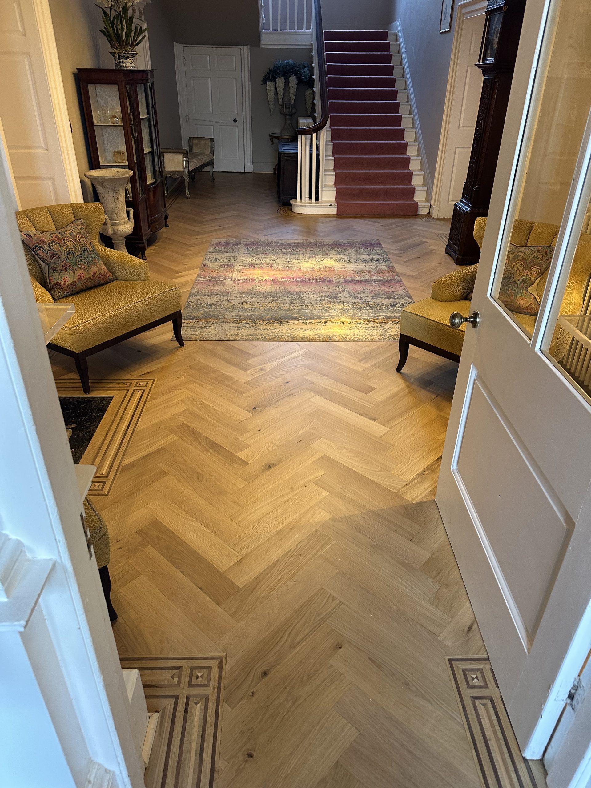 Finished Bespoke Parquet Flooring in Northumberland inished bespoke oak parquet flooring with handmade multi-species border